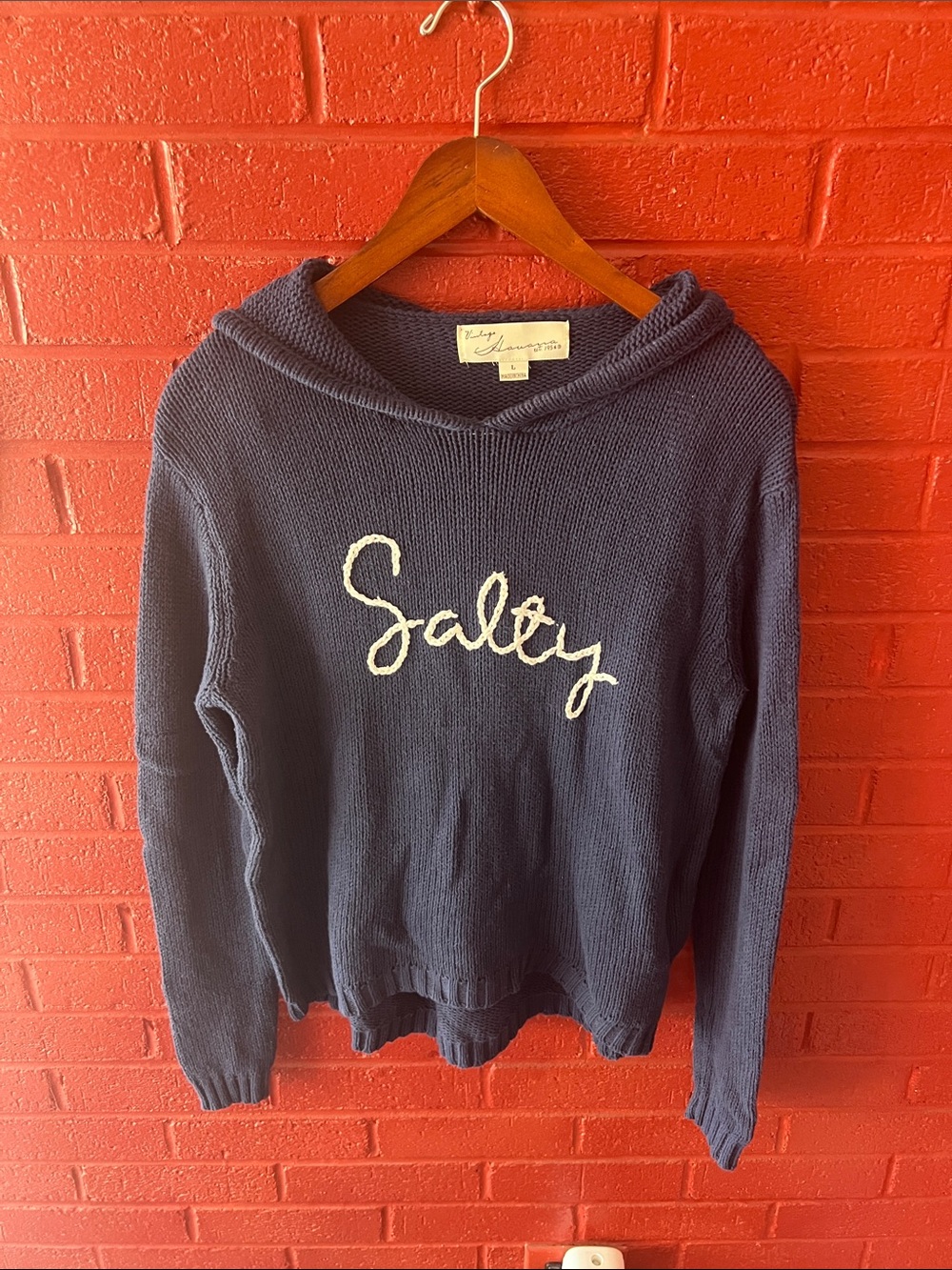 Vintage Havana Navy Knit Hoodie Sweater with White 'Salty' Script